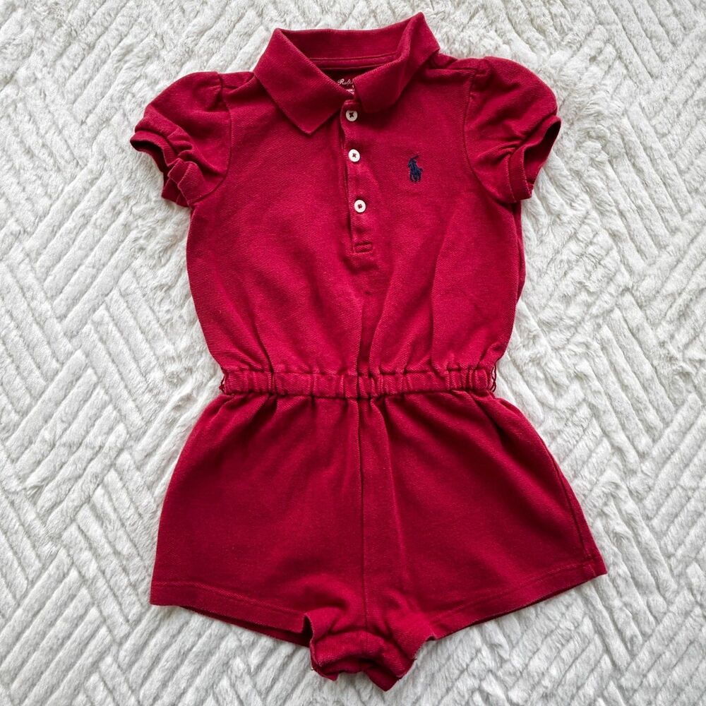 Ralph Lauren 18M Red Polo Romper Pony Logo Cotton Collared Outfit